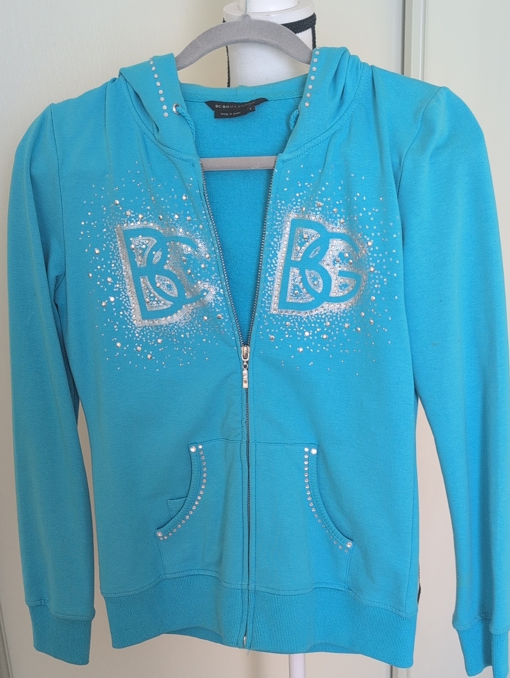BCBG Max Azria Turquoise Zip Hoodie with Rhinestone Logo